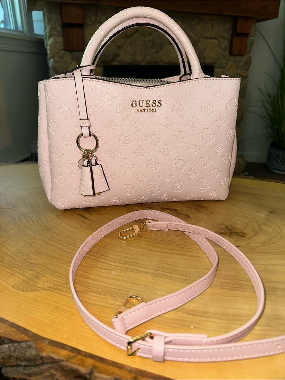 Guess Light Pink Embossed Satchel with Removable Strap